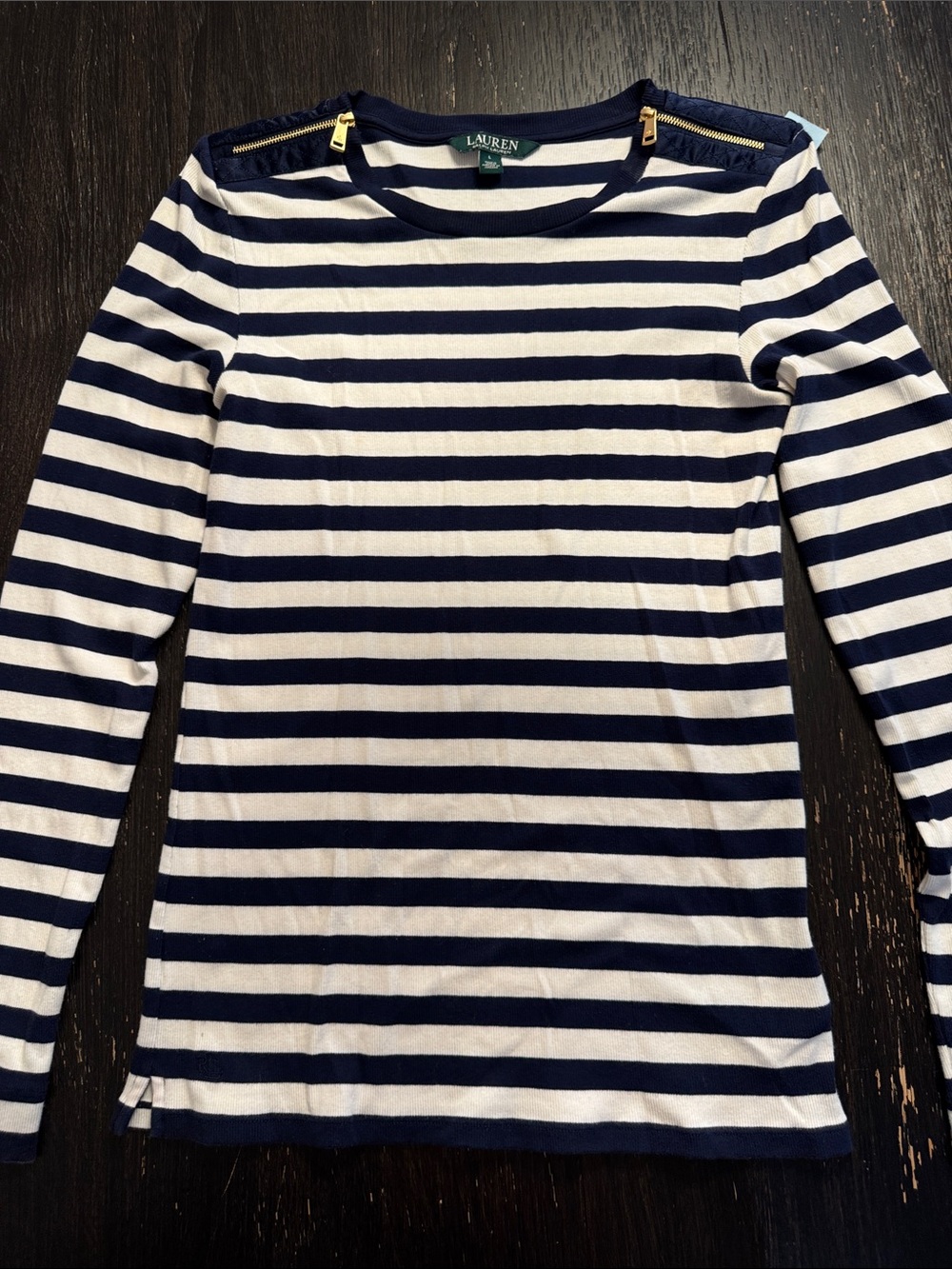 Lauren Ralph Lauren Navy & White Ribbed Striped Long-Sleeve Tee Gold Zippers